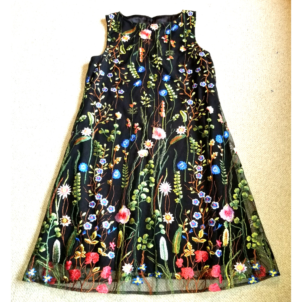 Womens Dress-TAHARI-black/multi 'Floral Embroidered Shift' whimsigoth-4